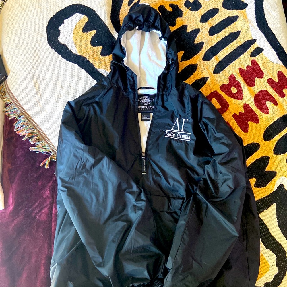 Delta Gamma XL Windbreaker, black and white. Charles River Apparel